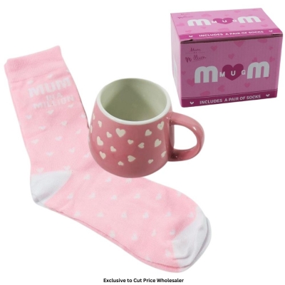 Pink Mug with Heart Design and Pink Socks with Gift Box