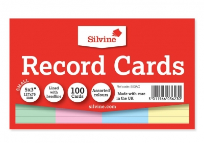 Silvine 100 Coloured Ruled Record Cards 127mm X 76mm