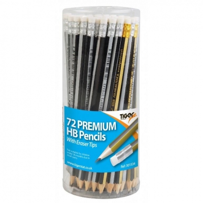 Tiger HB Pencils With Eraser Tip Assorted In A Tub 72 pack