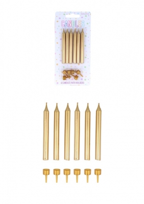 Gold Party Candles with 6 Holders (7.8cm) 6-Pack