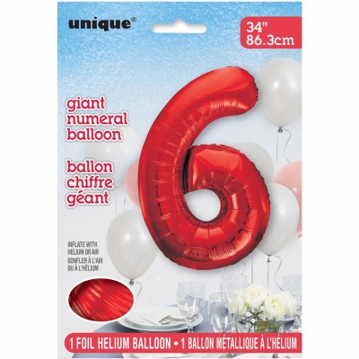 Red Number 6 Shaped Foil Balloon 34"