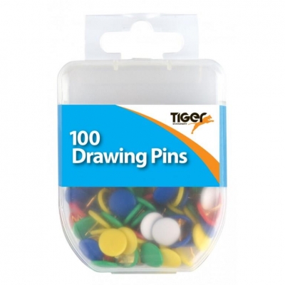 Tiger Essential 100 Drawing Pins Coloured