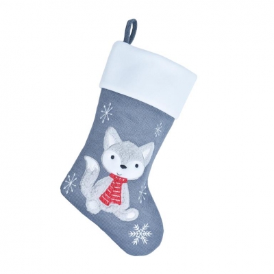 Deluxe Plush Grey Knitted Fox Baby Stocking 40cm X 25cm