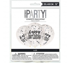 12" Glitz Happy Birthday Balloons Black & Silver 6 Pack