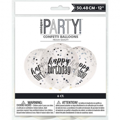 12" Glitz Happy Birthday Balloons Black & Silver 6 Pack