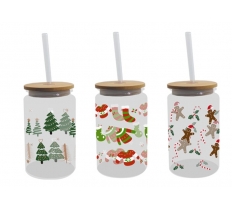 Christmas Festive Glass Drinking Cup with straw 480ml