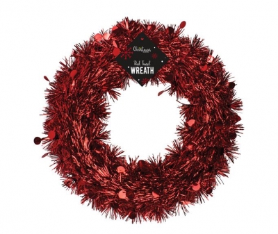 RED TINSEL WREATH 28CM