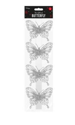 Christmas Silver Glittered Butterfly Decorations - 4 Pack