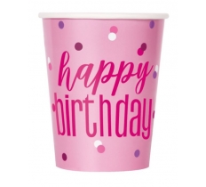 8 Pink & Silver Happy Birthday Cups 9oz