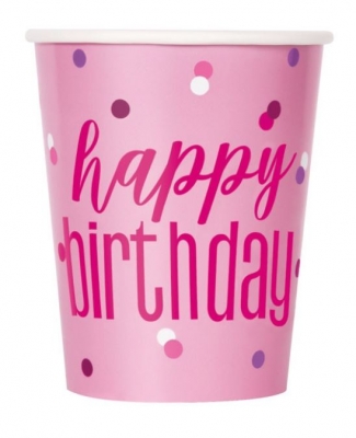 8 Pink & Silver Happy Birthday Cups 9oz