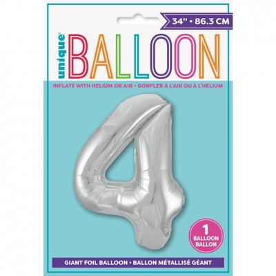 Silver Number 4 Shaped Foil Balloon 34"