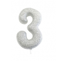 Age 3 Glitter Numeral Moulded Pick Candle Silver