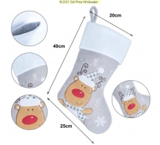 Deluxe Plush Silver White Top Reindeer Stocking 40cm X 25cm