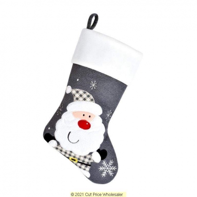 Deluxe Plush Santa Grey Knitted Stocking 40cm X 25cm