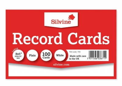 Silvine 100 White Plain Record Cards 203mm X 127mm