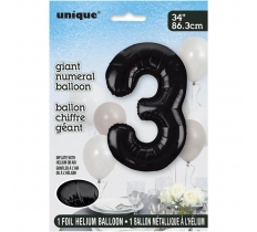 Black Number 3 Shaped Foil Balloon 34"