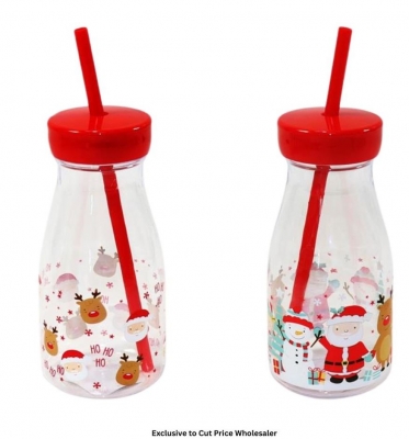 Christmas Plastic Milk Bottle With Straw