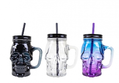 Halloween Skull Jar With Lid & Straw