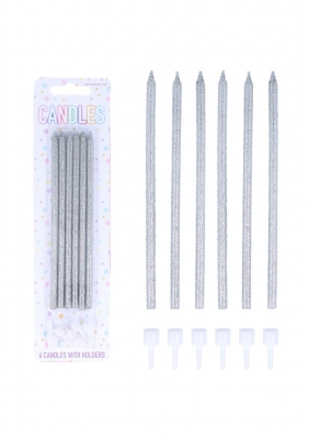Glitter Silver Tall Party Candles with Holders (14cm) 6pc