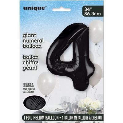 Black Number 4 Shaped Foil Balloon 34"