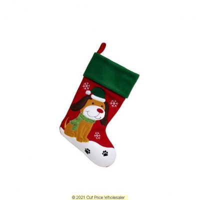 Deluxe Plush Red Green Top Cute Dog Stocking 40cm X 25cm