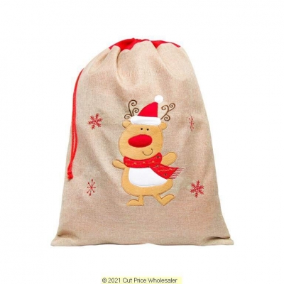 Deluxe Plush Hessian Reindeer Christmas Sack 50cm X 70cm