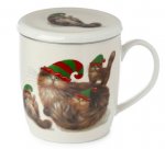 Kim Haskins Christmas Elf Cats Porcelain Infuser Mug Set