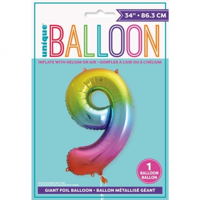 Rainbow Number 9 Shaped Foil Balloon 34"