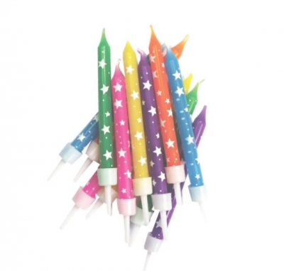 12 Pack Stars Candles Multi-Coloured With Holders