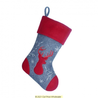 Deluxe Plush Stag Grey Red Top Charcoal Stocking 40cm X 25cm