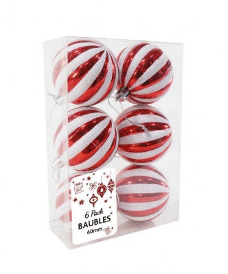 Ribbed Baubles 60Mm 6Pk Glitter