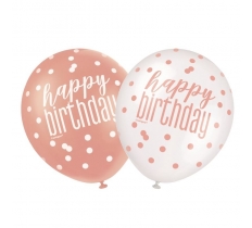 12" Glitz Rose Gold Latex Balloons"Happy Birthday" Pack Of 6