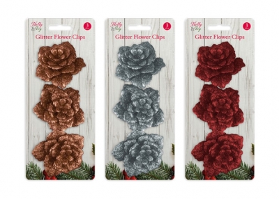 Christmas 3 Glitter flower Clips