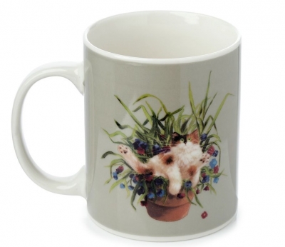 Kim Haskins Cat In A Plant Pot Green Porcelain Mug