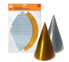 Holographic Party Hats Gold & Silver, 8 Pack