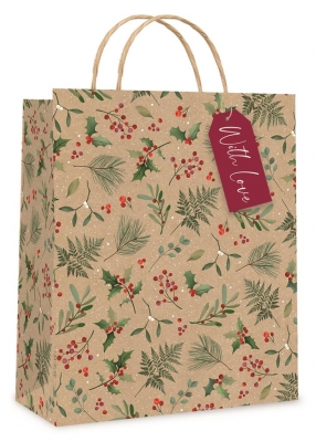 Christmas Gift bag Kraft Holly Large ( 26 x 32 x 12cm)