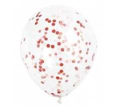 12" Clear Latex Balloons With Ruby Red Confetti Pack Of 6