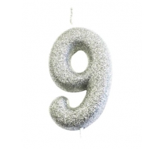 Age 9 Glitter Numeral Moulded Pick Candle Silver