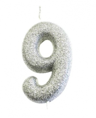 Age 9 Glitter Numeral Moulded Pick Candle Silver