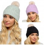 Ladies Cable Hat With Contrats Bobble