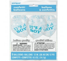 12" Boy Clear Latex Balloons With Blue Confetti Pack Of 6