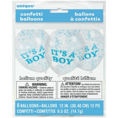 12" Boy Clear Latex Balloons With Blue Confetti Pack Of 6