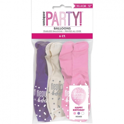 12"Glitz Pink/Lavender/White Latex Balloons Pack Of 6