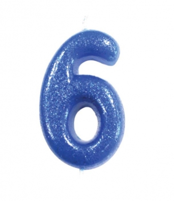 Age 6 Glitter Numeral Moulded Pick Candle Blue