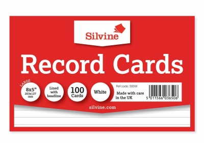 Silvine 100 White Ruled Record Cards 203mm X 127mm