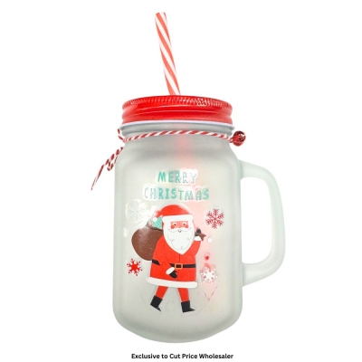 Christmas Santa Glass Mason Jar With Handle