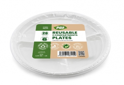 Plates Plastic white 3 compartments 26cm 6pc