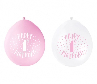 9" Pink Happy 1St Birthday Latex Balloons Pack Of 10