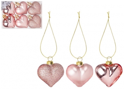 Box Of 6 Heart Decorations 4cm Rose Gold