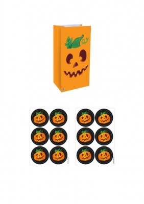 Halloween Pumpkin Paper Bags with Stickers x 12